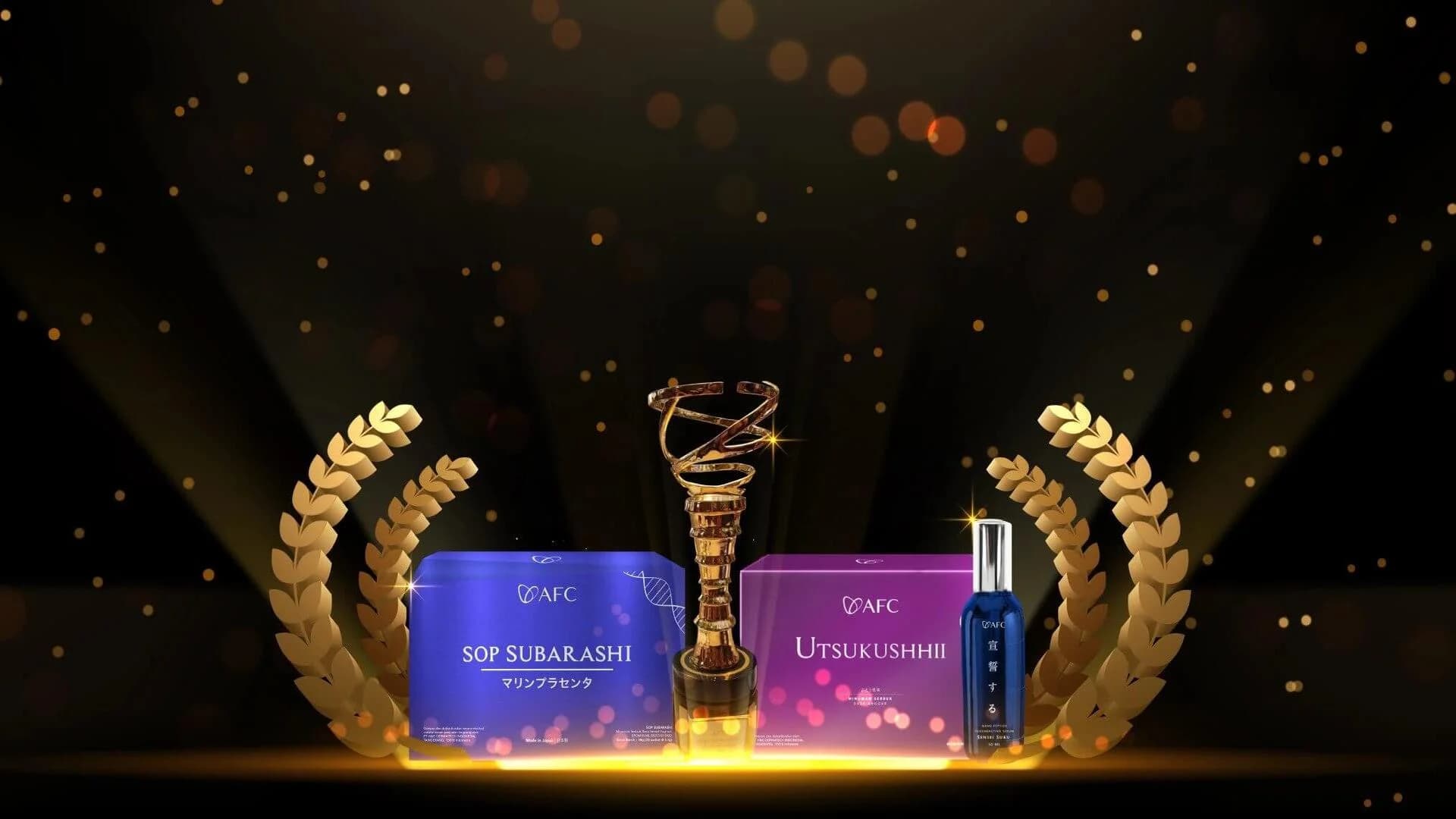 Rangkaian produk AFC — SOP Subarashi dan Utsukushhii — dengan trofi penghargaan berlatar gemerlap emas